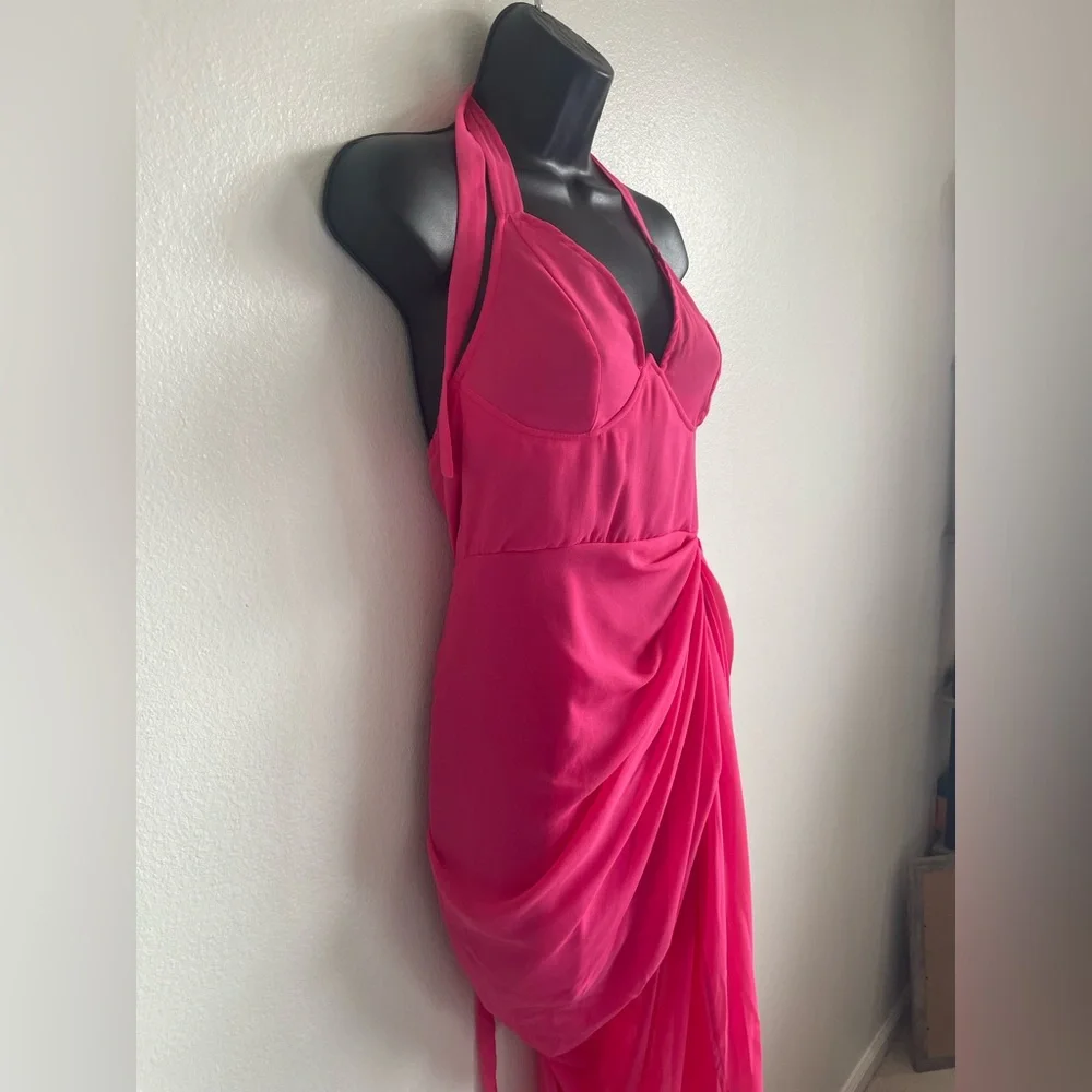 NWT PrettyLittleThing Hot Pink Draped Elegant Draped Midi Dress US 6 - Picture 8 of 10
